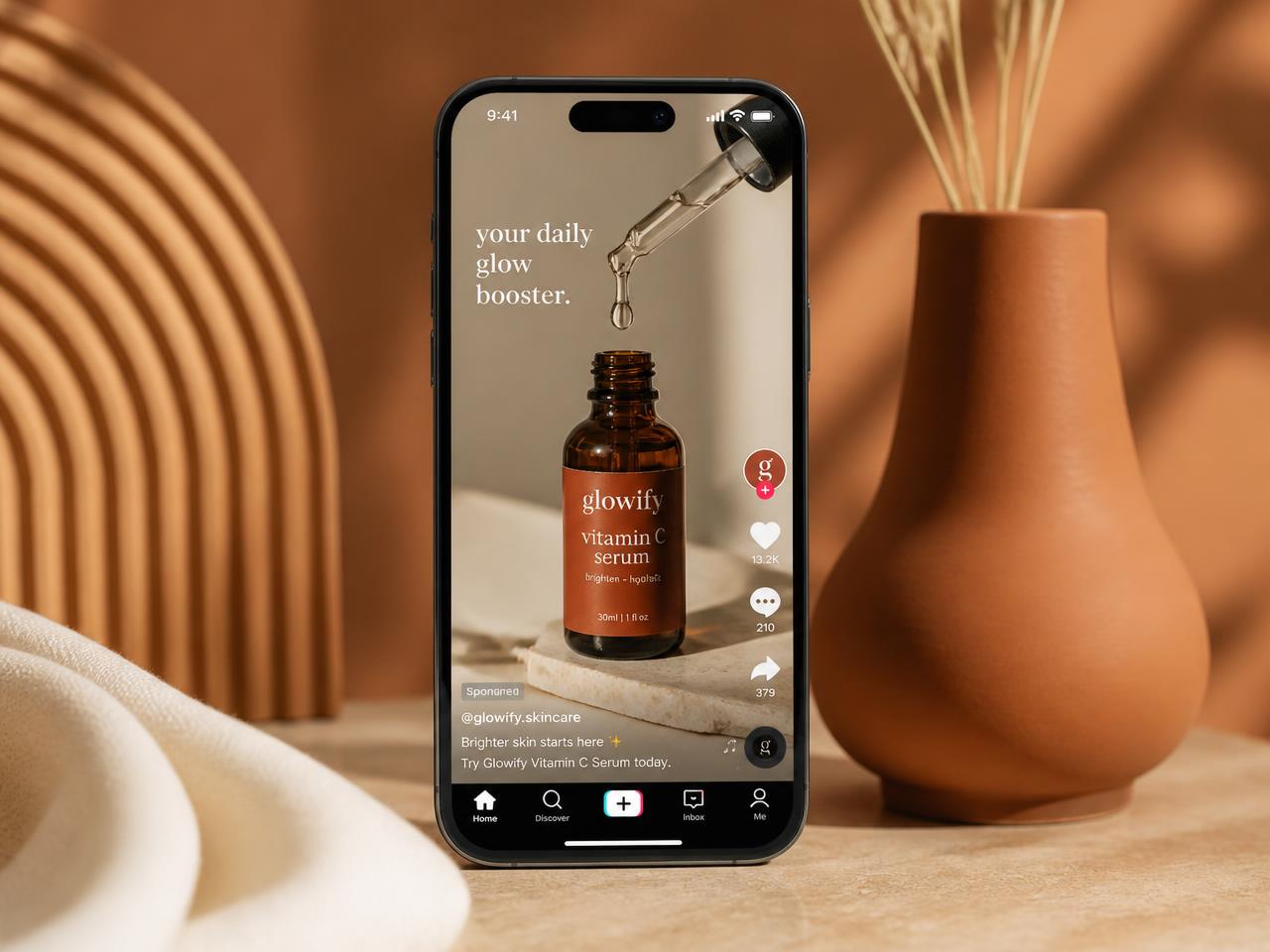 A smartphone playing a vertical AI-generated product ad for a skincare brand